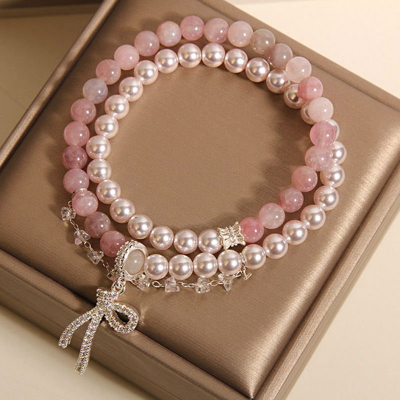 New Chinese-style pearl bow double-loop bracelet for women, light luxury, niche, exquisite and high-end pink crystal bracelet for best friend pic 1