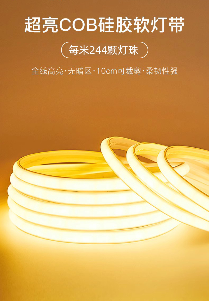 超亮led灯带220v户外防水自粘线形灯家用客厅吊顶工程COB软灯条详情1