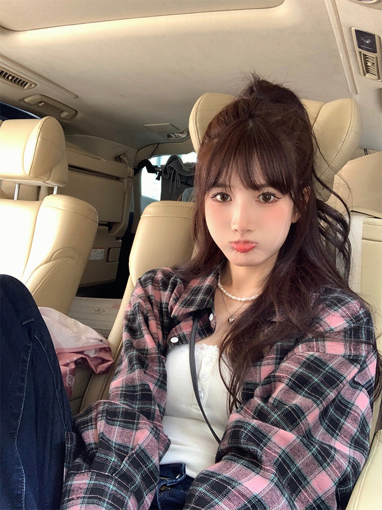 幂式穿搭早秋女复古格子衬衫慵懒风宽松衬衣开衫外套长袖上衣详情2