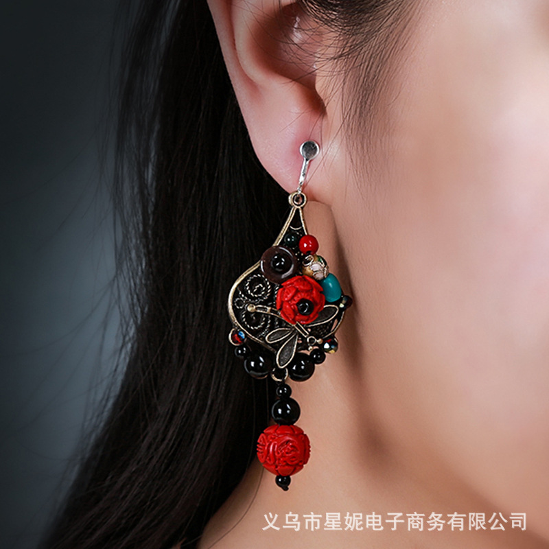 Retro ethnic style, new court-style earrings, alloy cinnabar Hanfu accessories, round face earrings, necklace pic 9