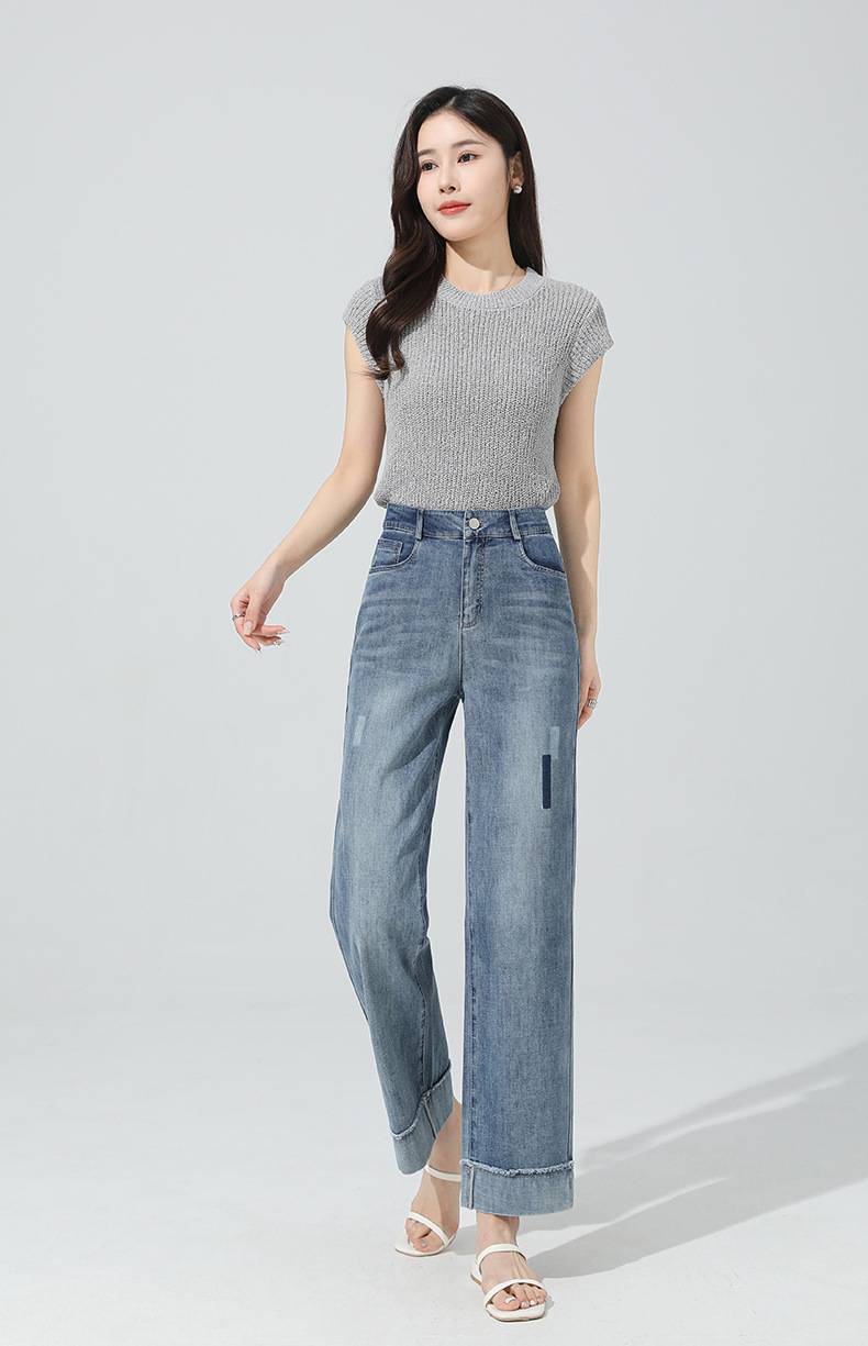 If 2026 Spring high-waisted denim straight egg roll pants for women with upturned fringed nine-inch narrow wide-leg pants 20153 pic 14