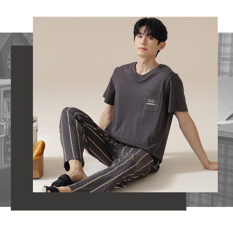 Summer pure cotton pajamas for men, cartoon casual short-sleeved shirts and long pants, pure cotton comfortable home wear, summer youth student set pic 168