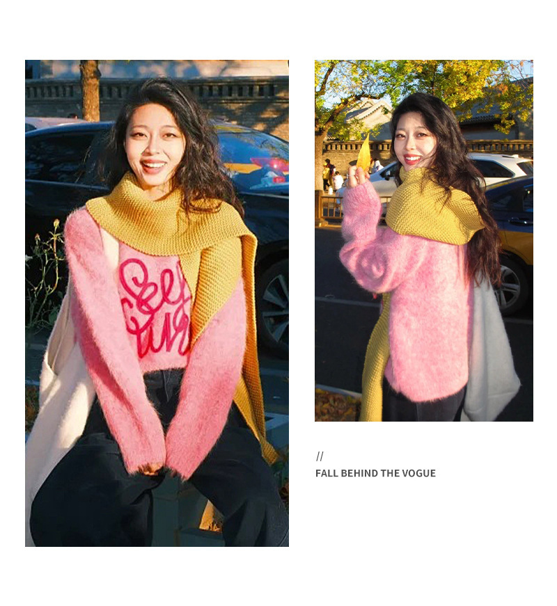 羊毛混纺粉色字母毛衣女2025新款秋冬宽松保暖慵懒针织衫上衣详情11