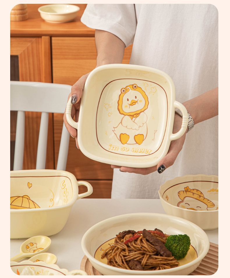 Cute duck cartoon ceramic bowls, plates and tableware on Instagram, high appearance level, cream style double-ear soup bowls, noodle bowls, vegetable plates and tableware pic 11