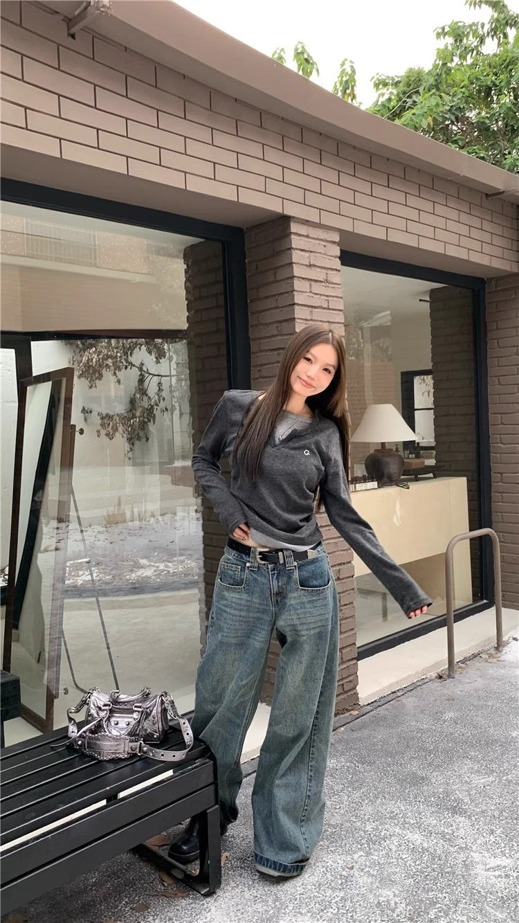 女士T恤假两件长袖T恤秋冬内搭修身显瘦打底上衣美式复古打底衫详情13