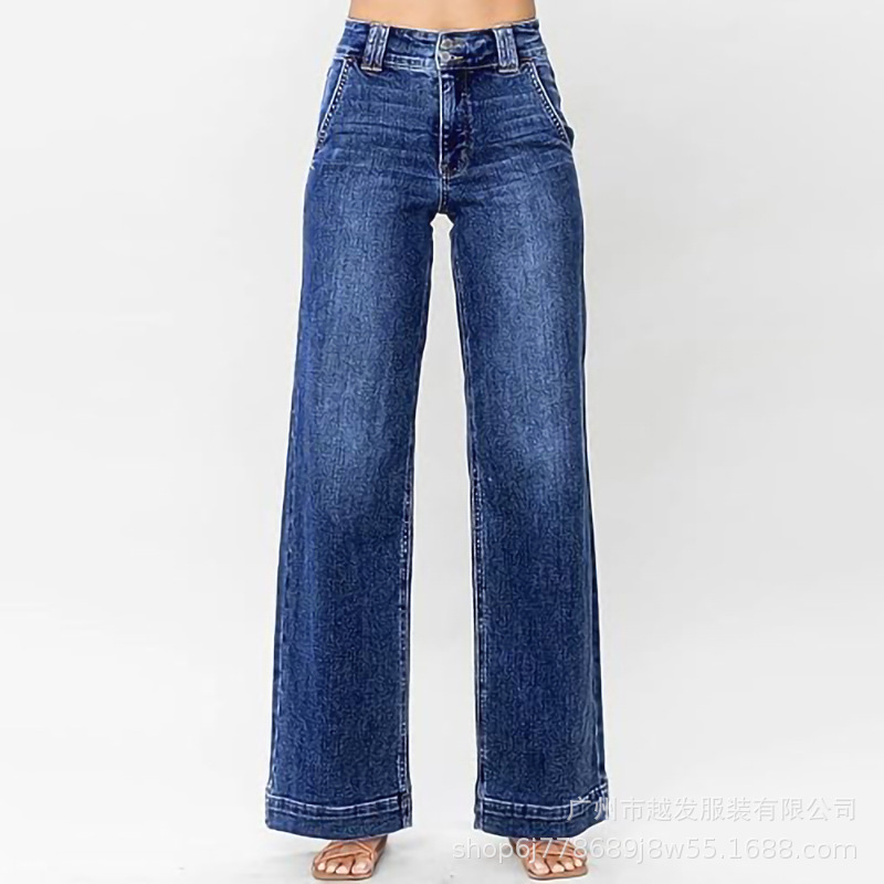 欧美跨境外贸新款亚马逊2025春季新款蓝色水洗直筒气质牛仔裤女装详情16