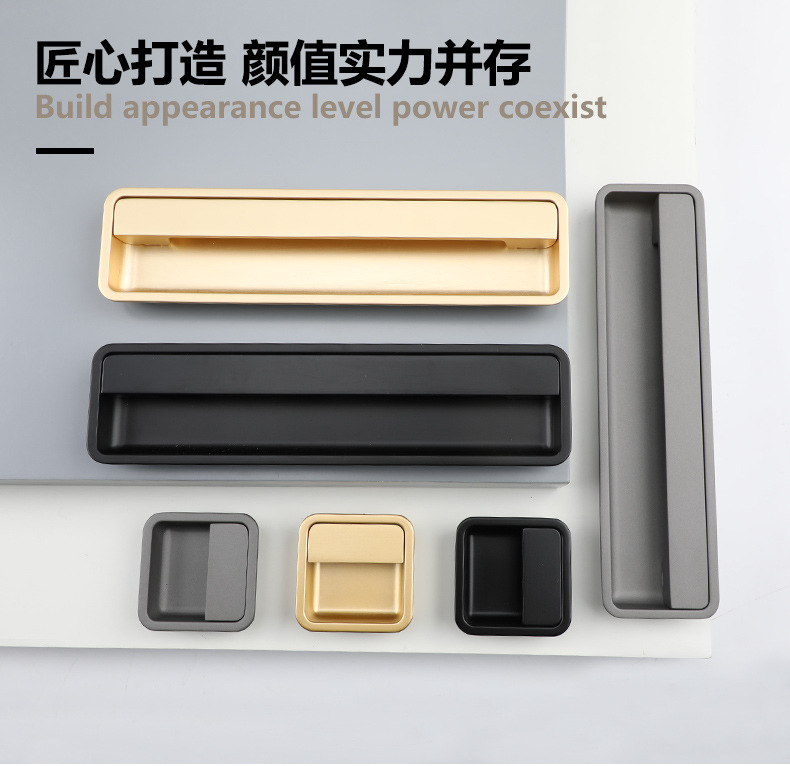 The black invisible handle of the tatami is embedded with the drawer handles of the cabinets and wardrobes. The sliding door is equipped with a golden concealed embedded handle pic 9