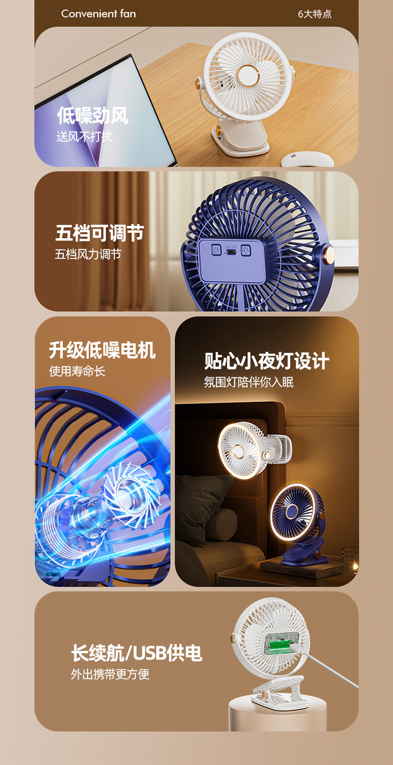usb charging clip small fan, student dormitory bed night light clip fan, office desk clip light fan pic 8
