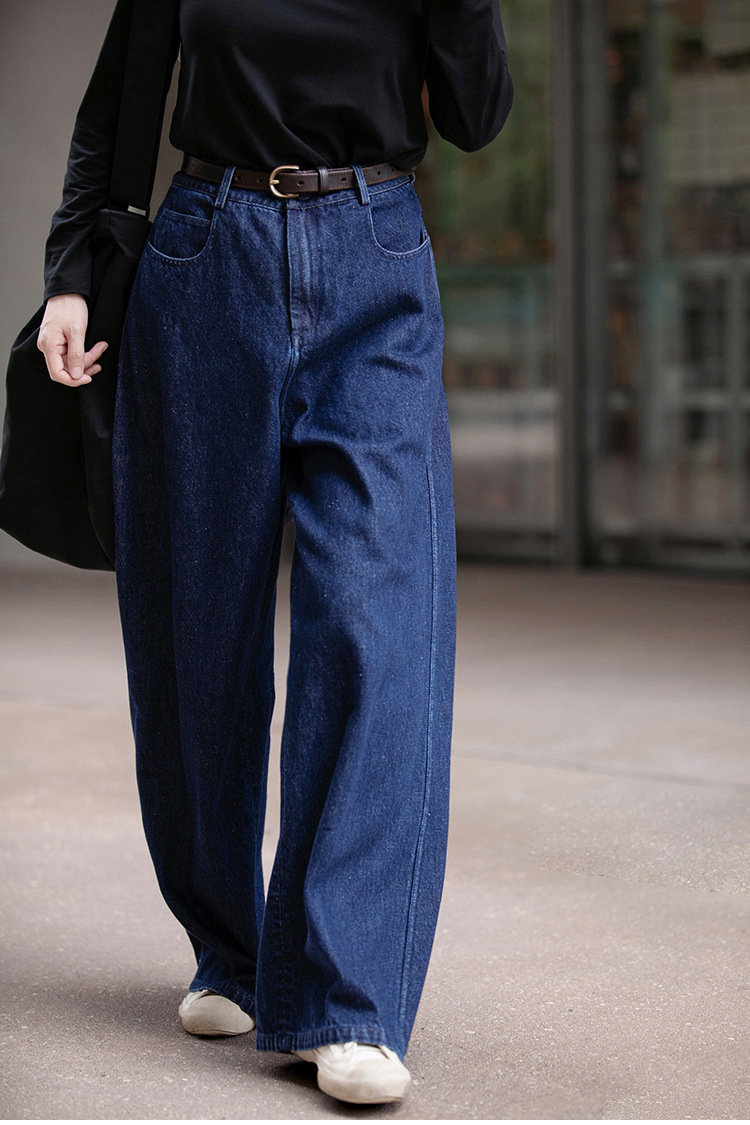 A niche all-season deep indigo blue mid-waisted loose and versatile wide-leg jeans pic 8