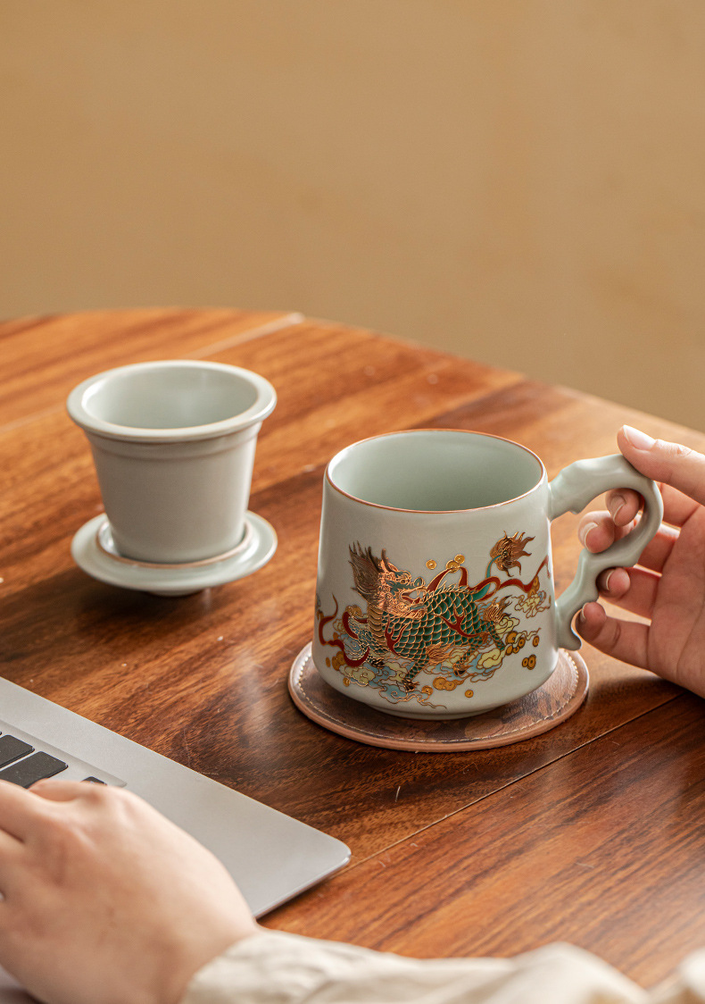 Rongshantang Gilded Ru Kiln office cup, Ceramic belt filter Ru Kiln tea cup, tea-water separation business conference tea cup pic 25