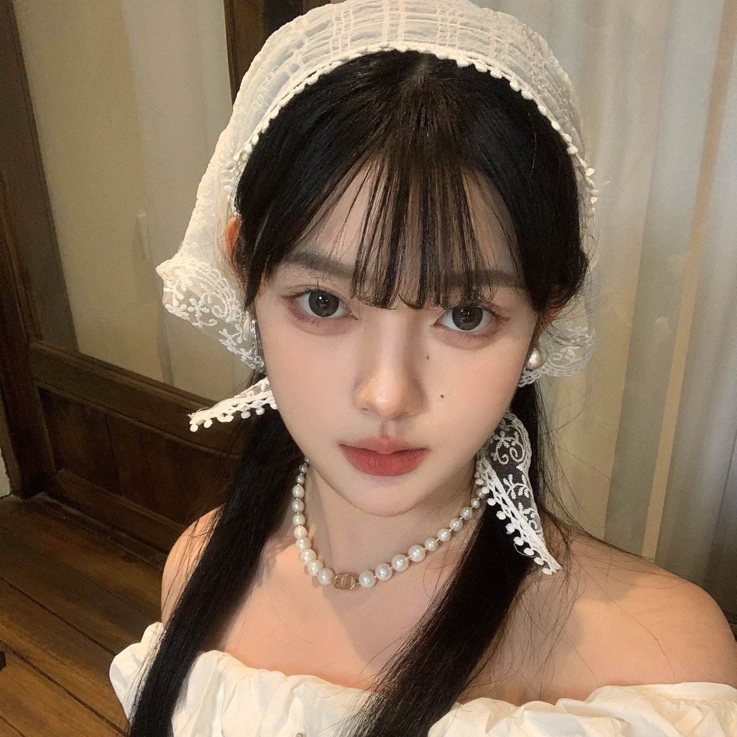 法式少女蕾丝三角巾氛围感丝巾碎花头巾高级花朵米色田园风飘带潮详情7