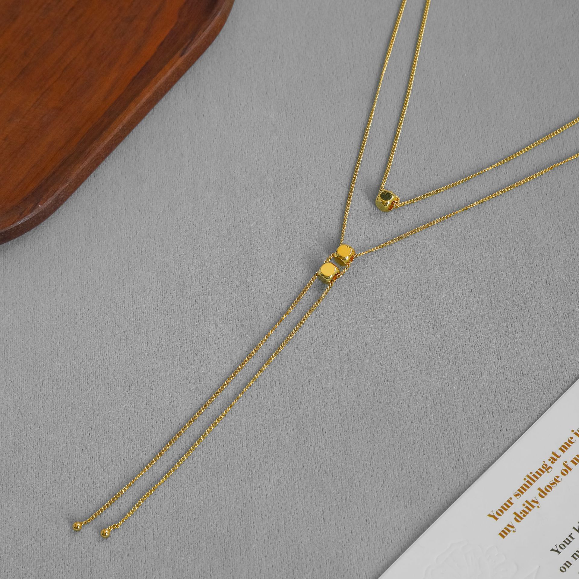 LEMA*家可抽拉项链 法式冷淡风简约气质双层叠戴长款方块锁骨链详情7