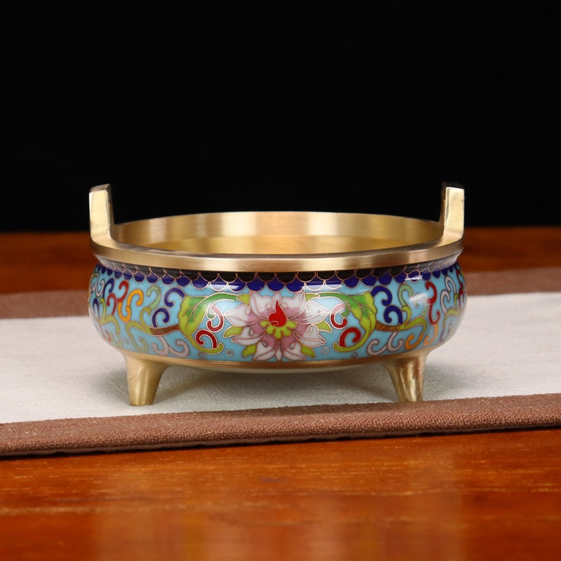 Wholesale of cloisonne incense burners and Buddhist utensils in stock. Traditional cast copper cloisonne low-temperature enamel antique straight ear burners pic 15