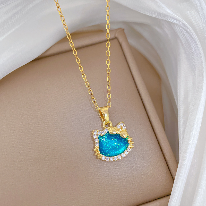 【钛钢】炫彩蝴蝶结猫咪轻奢气质华丽满钻项链女百搭锁骨钛钢链详情14