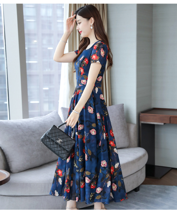 碎花大摆过膝显瘦超仙流行长裙2024新款圆领短袖显瘦女长连衣裙详情21