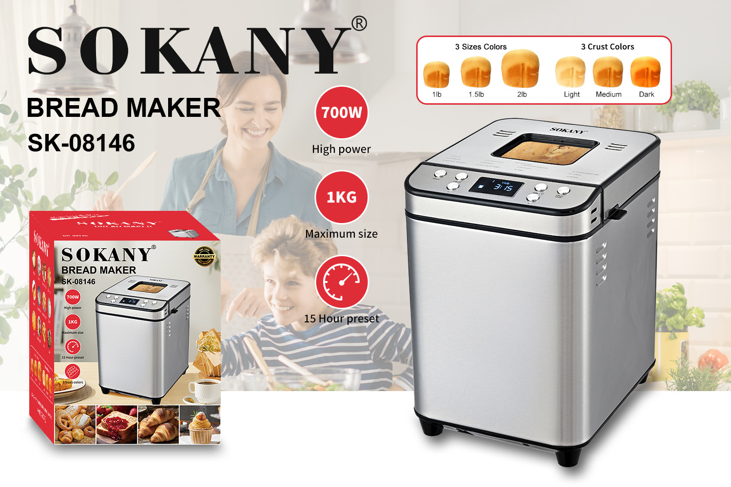 Cross-border SOKANY08146 BREAD machine, automatic intelligent toaster, breakfast bread baking machine, BREAD MAKER pic 3