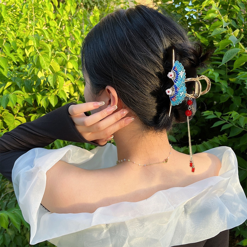 扇子后脑勺花朵流苏抓夹发夹女超仙风复古鲨鱼夹气质发饰梅花红详情6