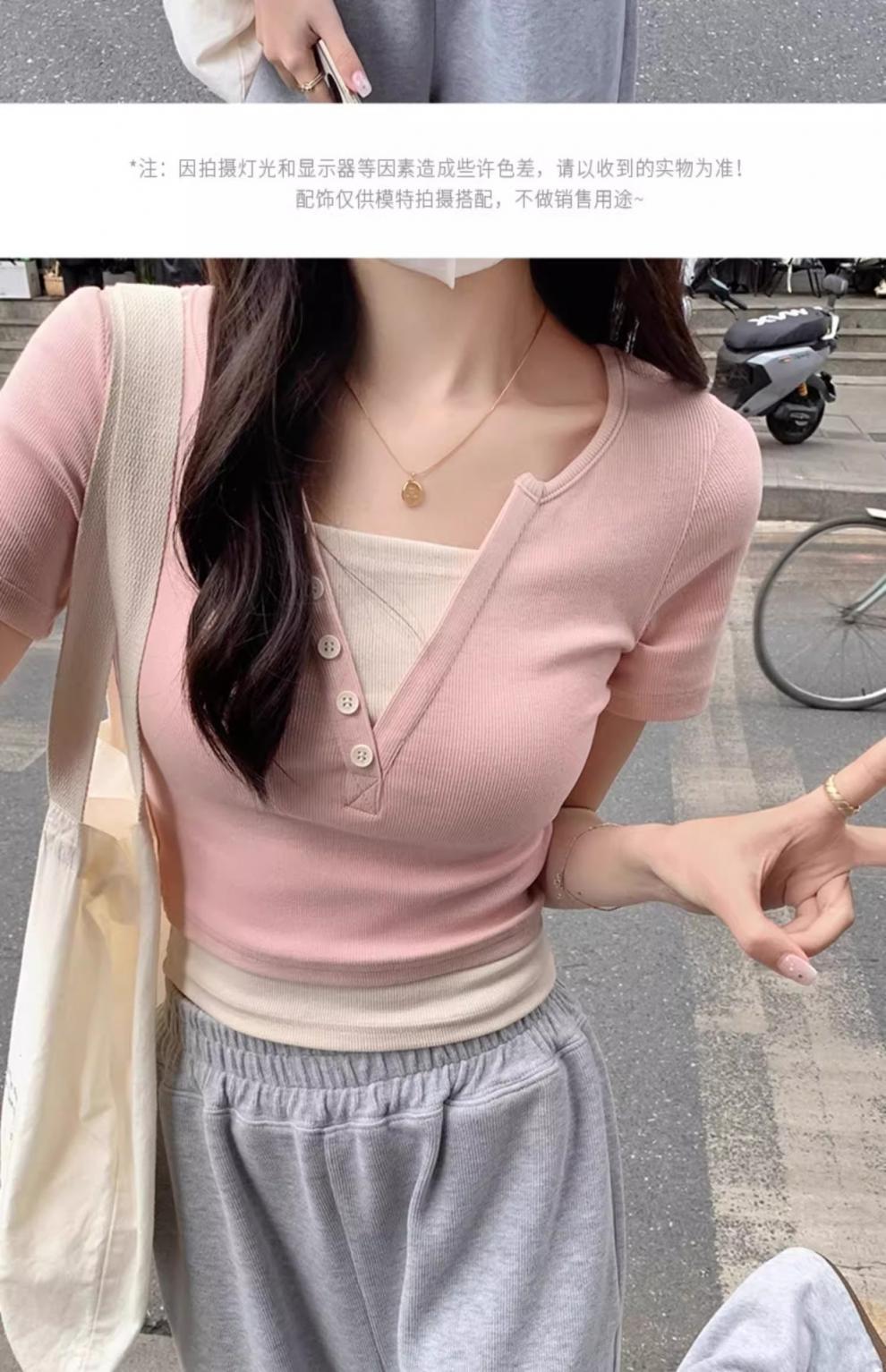 Pink V-neck off-the-shoulder T-shirt for women, short sleeve, new spring and summer style, two-piece design, slim and short, pure and sensual pic 2