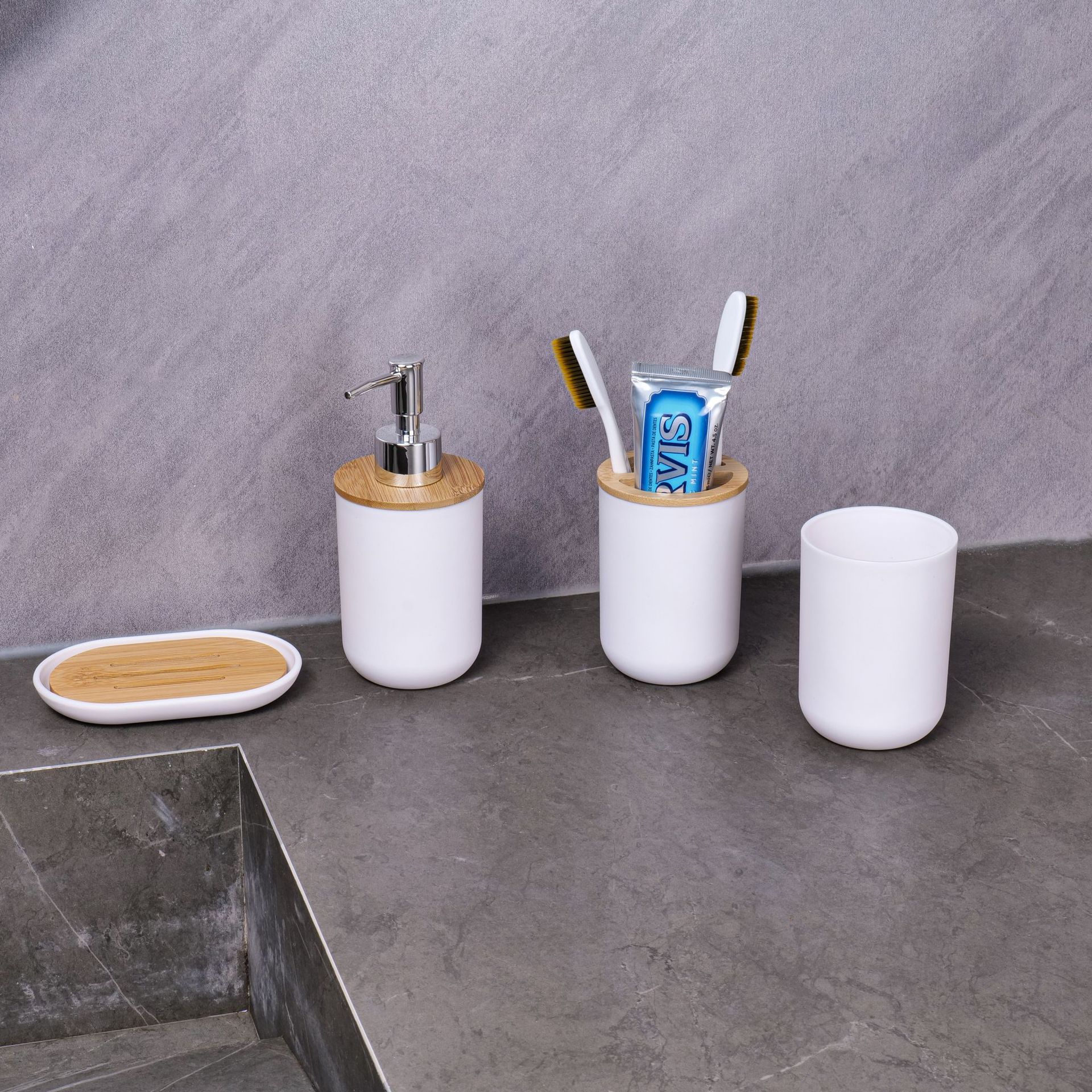YUFEI跨境卫浴洗漱竹木六件套乳液泵牙刷杯肥皂盒北欧风简约套装详情21