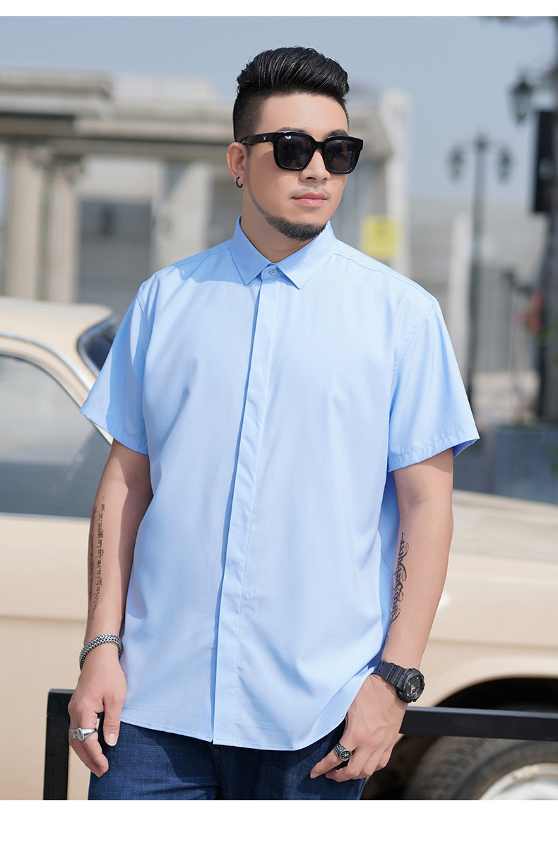 宽松大码男士短袖衬衫肥佬夏季商务休闲薄款纯色衬衣胖哥加肥寸衫详情18