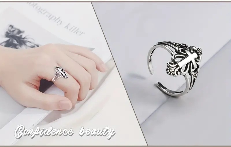 咖亿新款袖口戒指复古十字架男女通用花朵设计搭配高品质首饰详情3