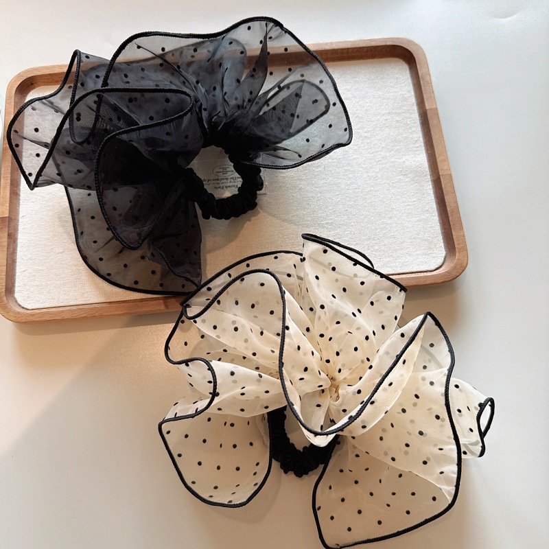 The oversized mesh, ruffled black and white polka dot large intestine circle is a versatile, high-end and elegant skirt hem, hair tie, hair flower and hair accessory pic 7