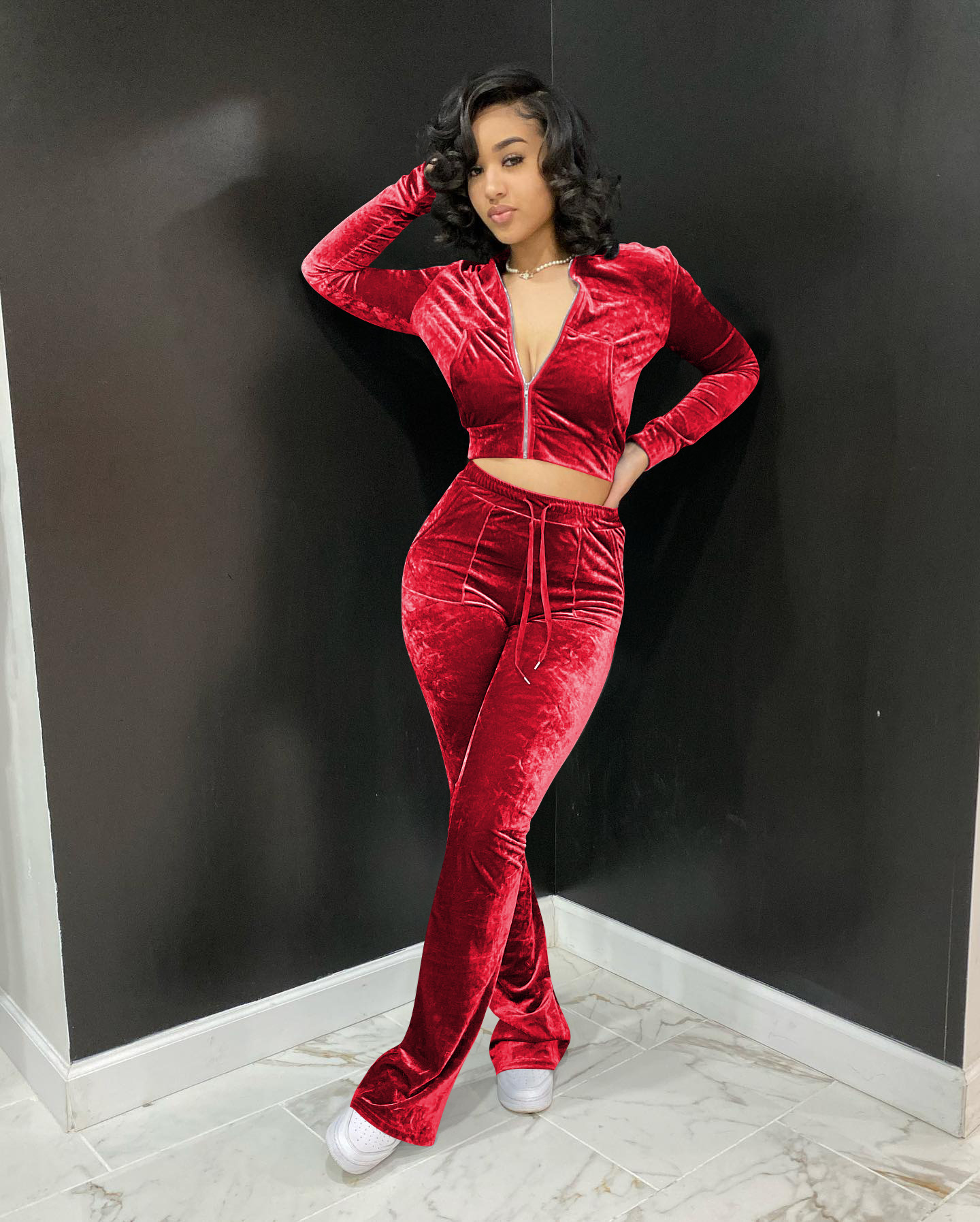 Solid color gold velvet wide-leg pants two-piece set pic 63