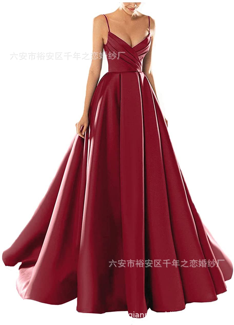 晚礼服欧美外贸2023新款春季中腰缎面粉色气质长款吊带宴会晚礼服详情18
