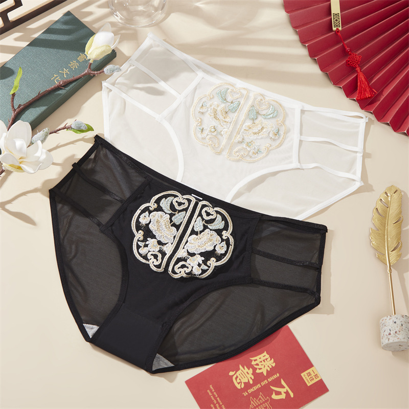 新潮国风女士性感内裤细腻网纱拼优雅时尚刺绣细带中腰内裤女7615详情9