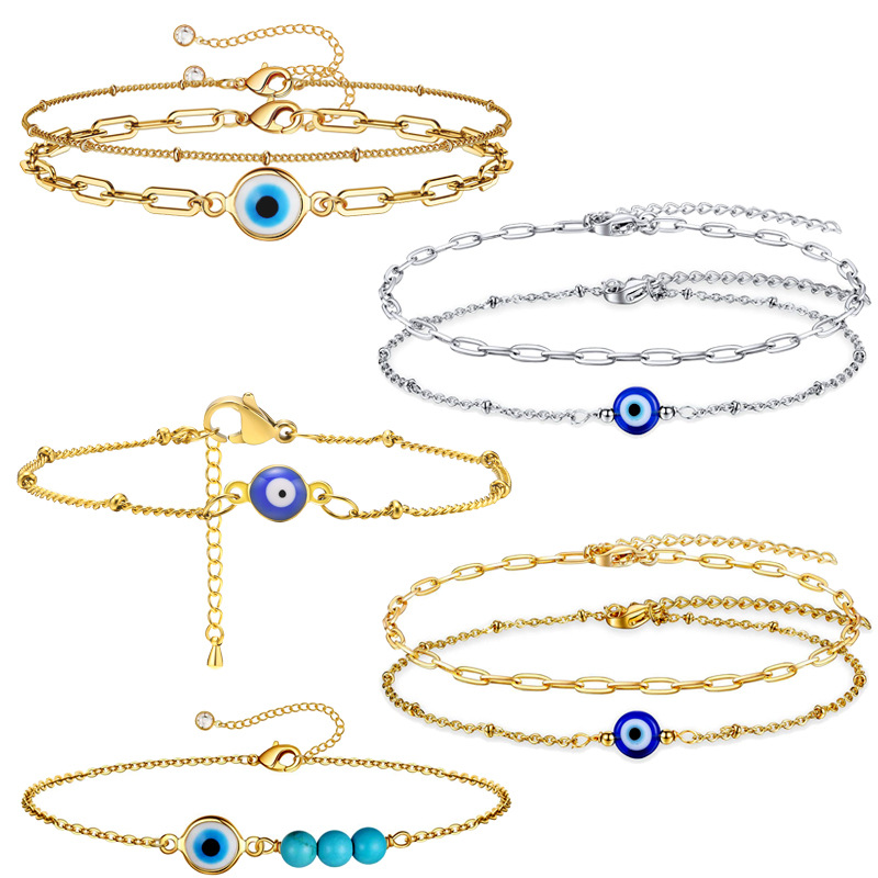 不锈钢滴油眼睛手链恶魔之眼松石手链双层金色热销钛钢手链详情10