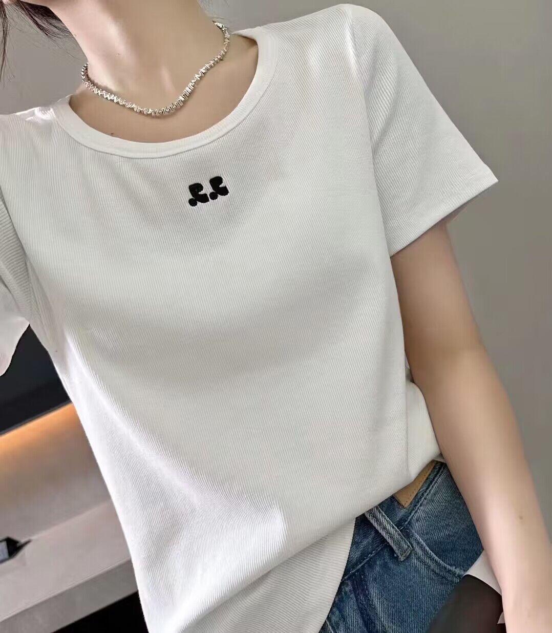 短袖t恤女2024夏季新款螺纹正肩设计感小众刺绣内搭洋气打底半袖详情7