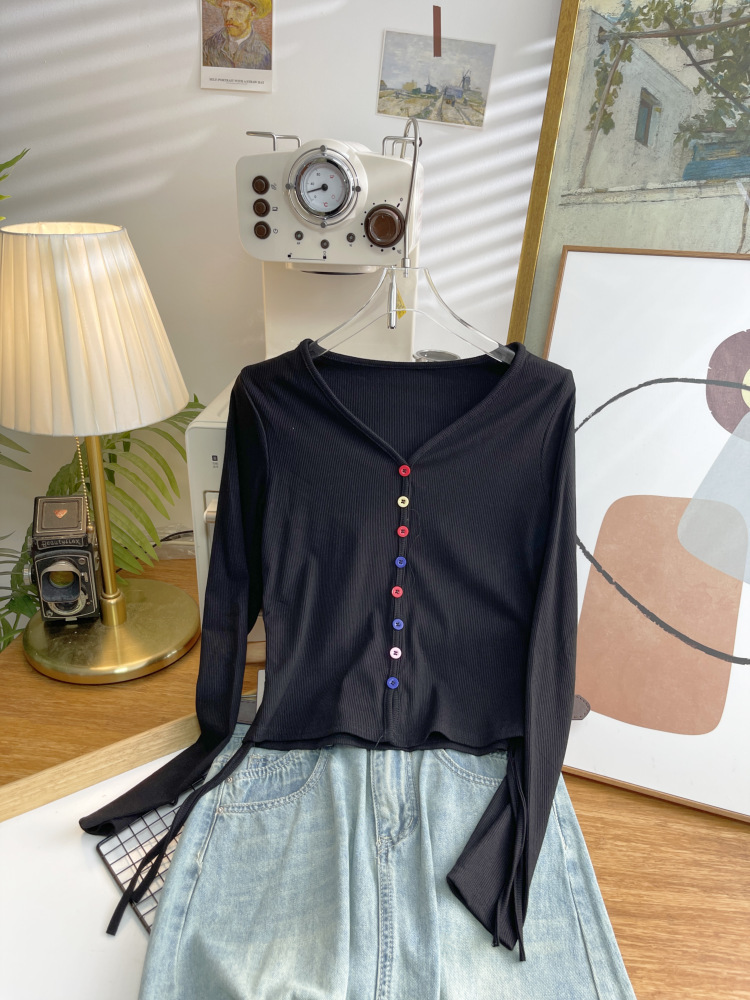 抽绳针织长袖t恤女2024秋新款修身短款设计感内搭打底衫上衣4659详情9