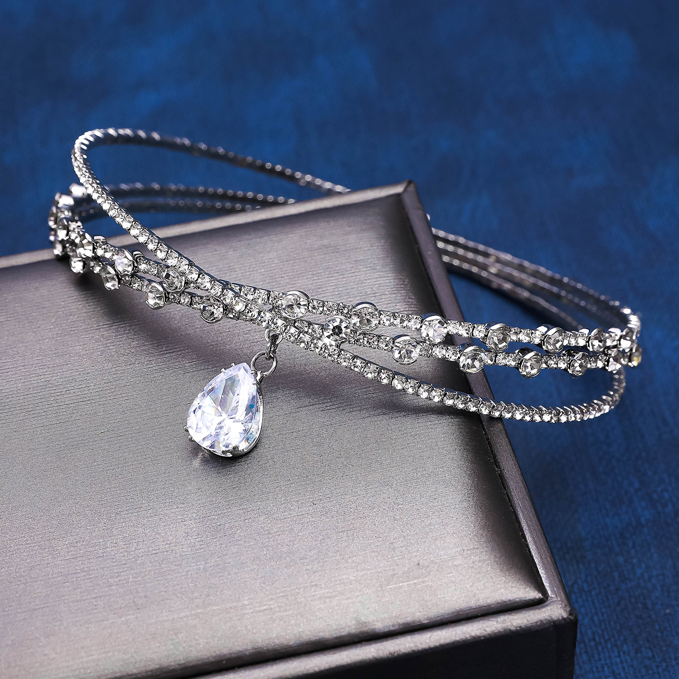 Zircon water drop hairband, large gemstone hairband, headwear, collar, neckband, rhinestone slimming, cross collarbone chain necklace pic 7