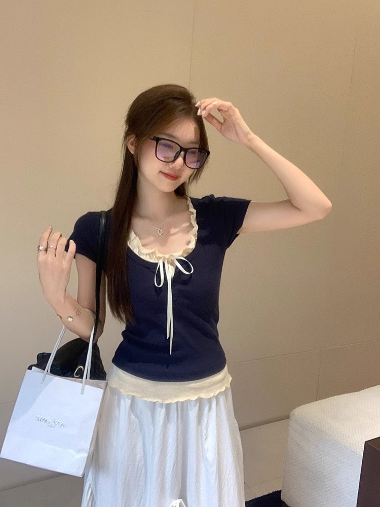 2025夏季新款芭蕾风假两件正肩短袖t恤女修身显瘦bm短款上衣详情1