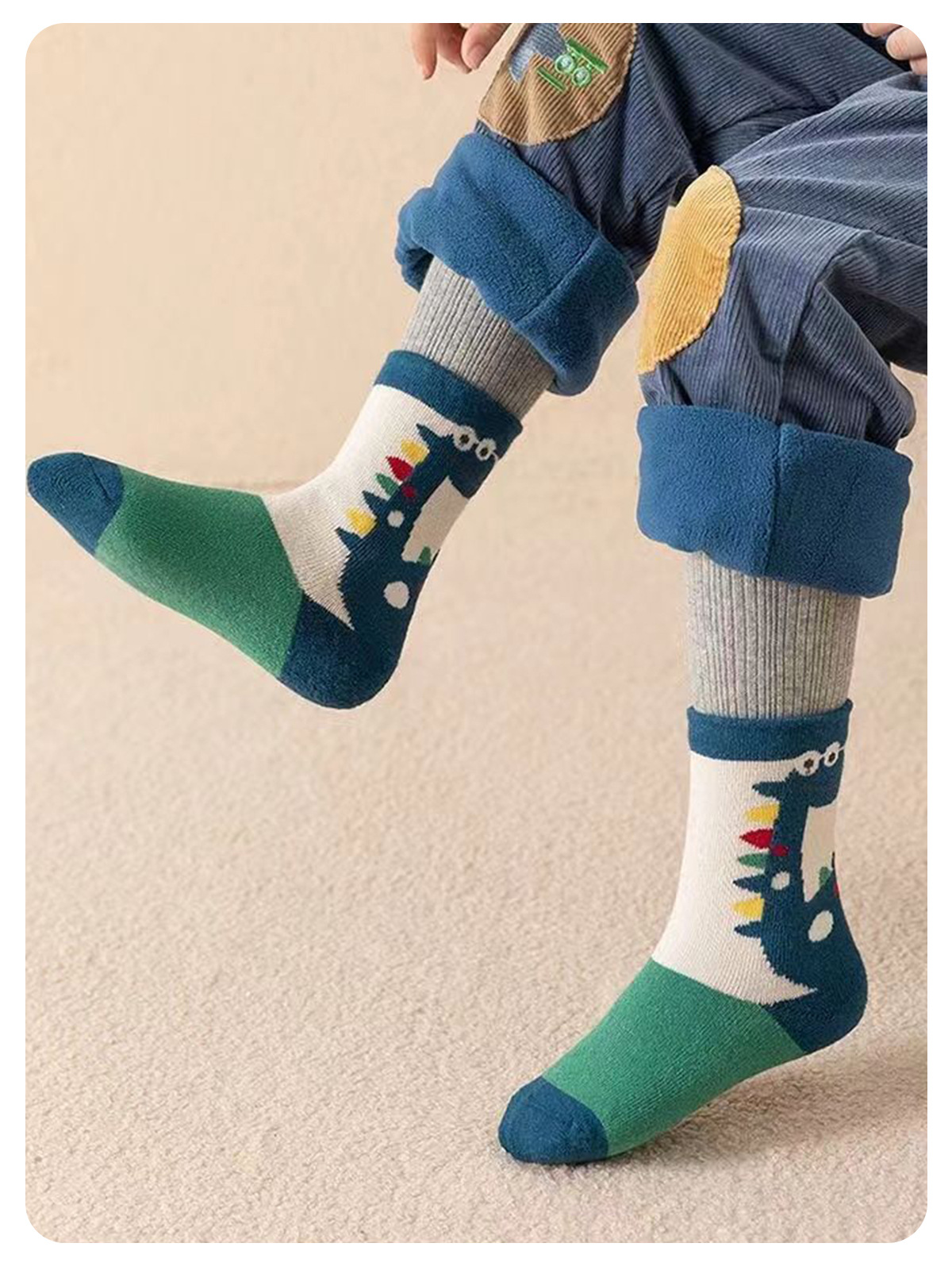 2023儿童袜子恐龙秋冬季加绒加厚毛圈袜中筒男童女童保暖宝宝柔软详情6