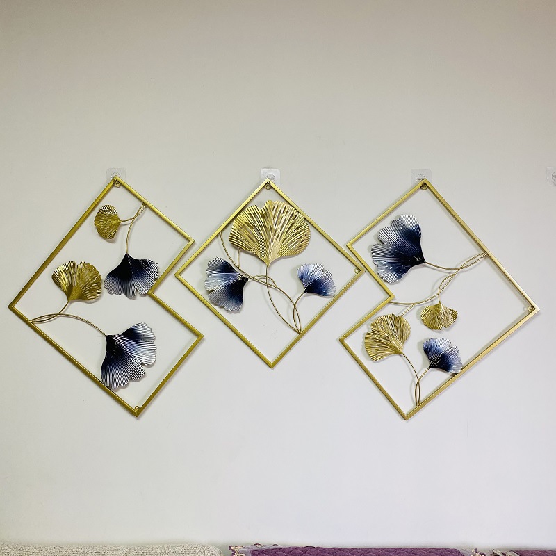 现代简约铁艺金属墙面挂画立体三联组合壁挂跨境热销装饰品银杏叶详情1