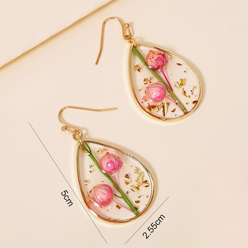 日韩清新甜美滴胶树叶永生花耳环 优雅精致水滴形红干花高级耳饰详情16