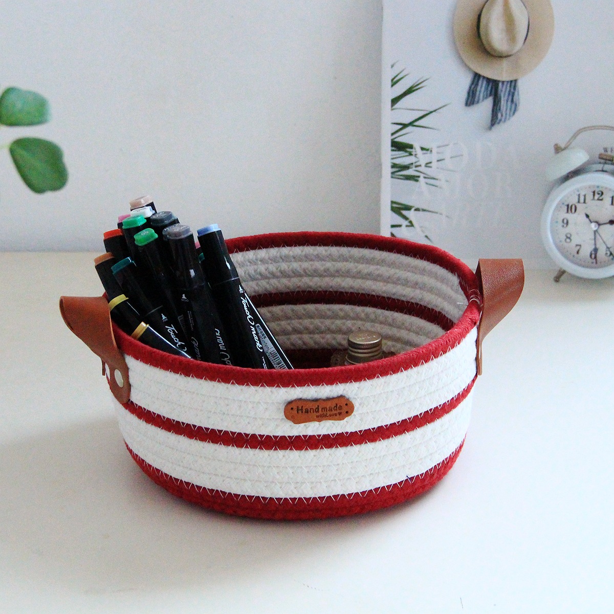 Round cotton rope woven storage basket with leather handle, InS-style desktop storage basket, cosmetics and toys storage box, Nordic style pic 15