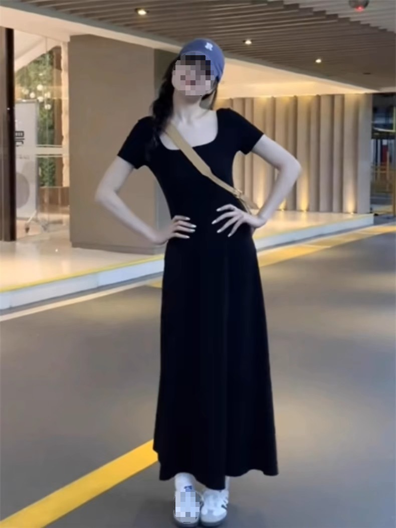 法式纯欲风夏季圆领短袖连衣裙包臀修身收腰长裙纯色高腰大摆裙详情11