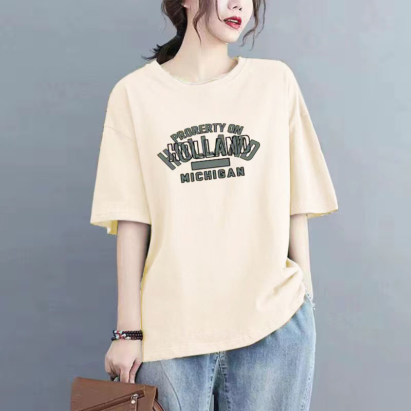 夏季新款100%纯棉短袖t恤女士洋气时尚大码百搭小众圆领宽松上衣详情18