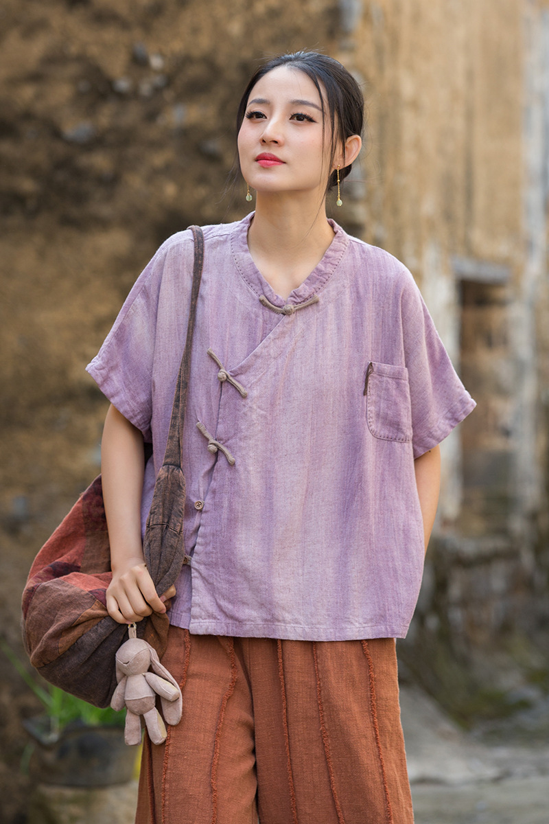 国潮2025夏棉麻女装亚麻扎染手缝线设计师款上衣斜襟盘扣新中式女开衫详情16