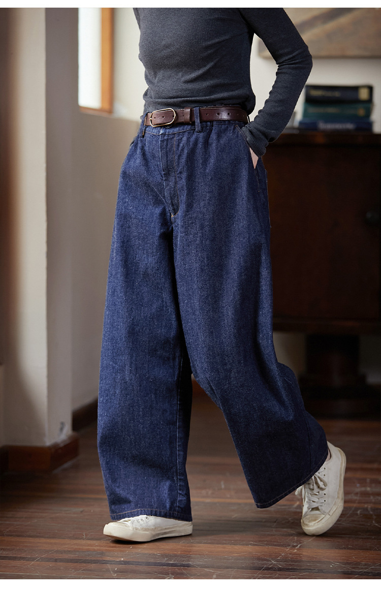 春秋款藏海蓝经典文艺复古耐磨阔腿半松紧牛仔裤长裤休闲挺括女裤详情5