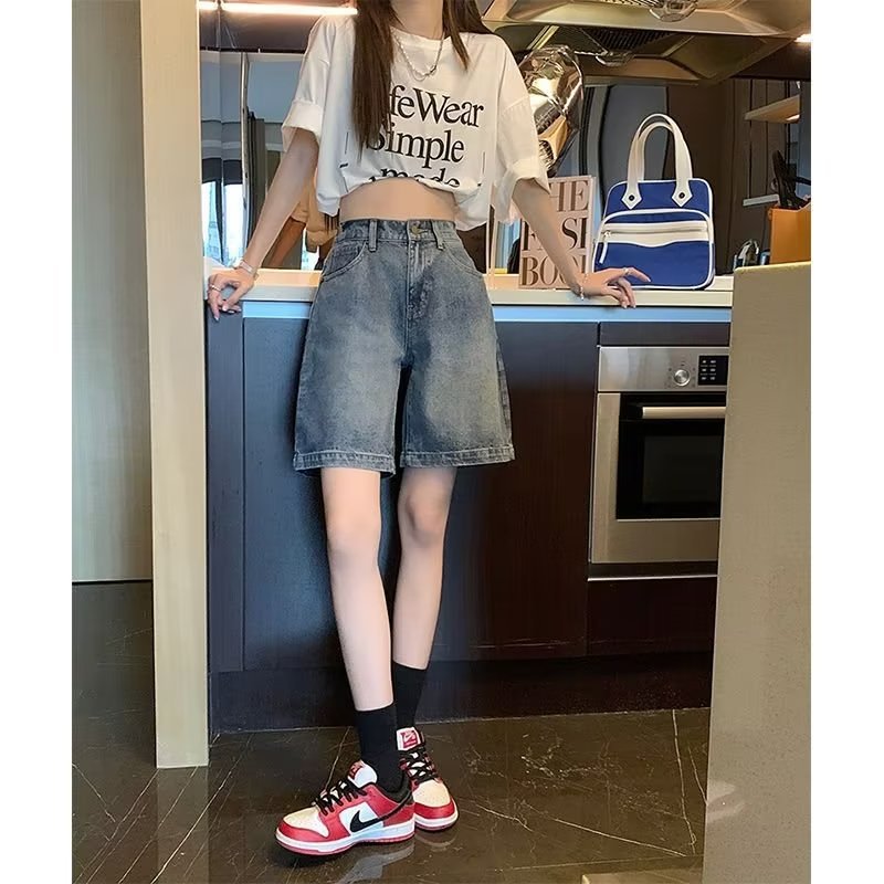 复古简约牛仔裤女宽松夏季新款高腰五分裤显瘦百搭五分直筒中裤潮详情7