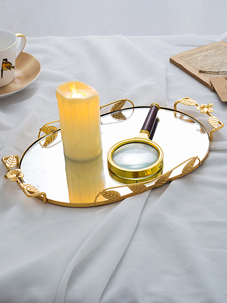European-style light luxury oval-shaped pastry and fruit plate, metal ironwork mirror candy tray, photo display, jewelry storage pic 17