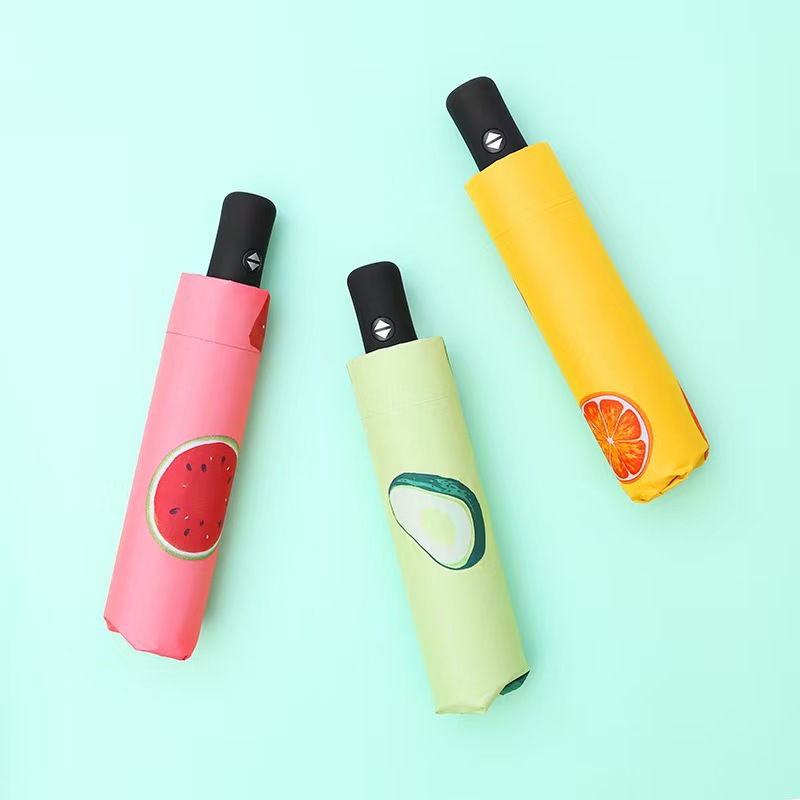 Wholesale of cartoon fruit print umbrellas, fully automatic black rubber sun umbrellas, UV protection and sun protection, and three-fold umbrellas pic 3
