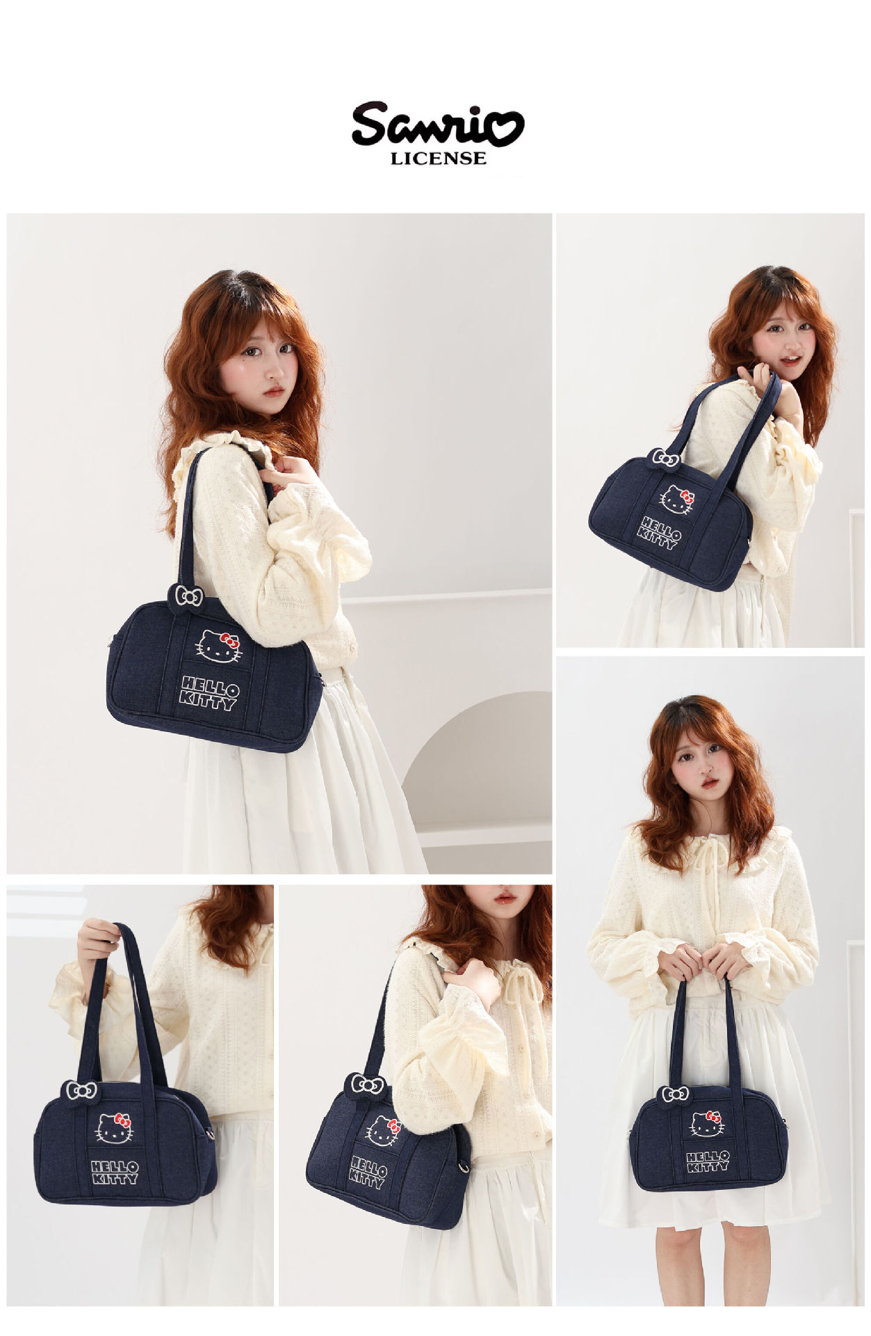 Sanrio genuine denim bag, Kitty Cat shoulder bag, cute bow, embroidered girl bowling bag, adorable pic 1