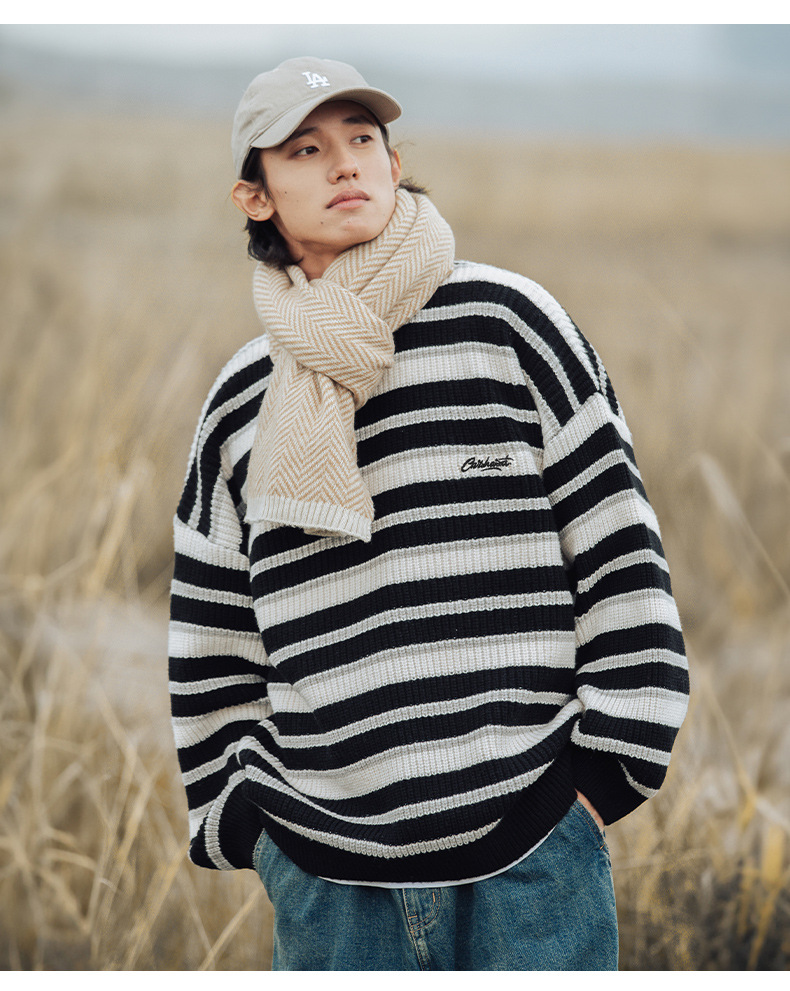 Retro color-blocking striped chunky knit sweater for both men and women, Japanese loose trendy round-neck knitted sweater jacket for autumn and winter pic 24