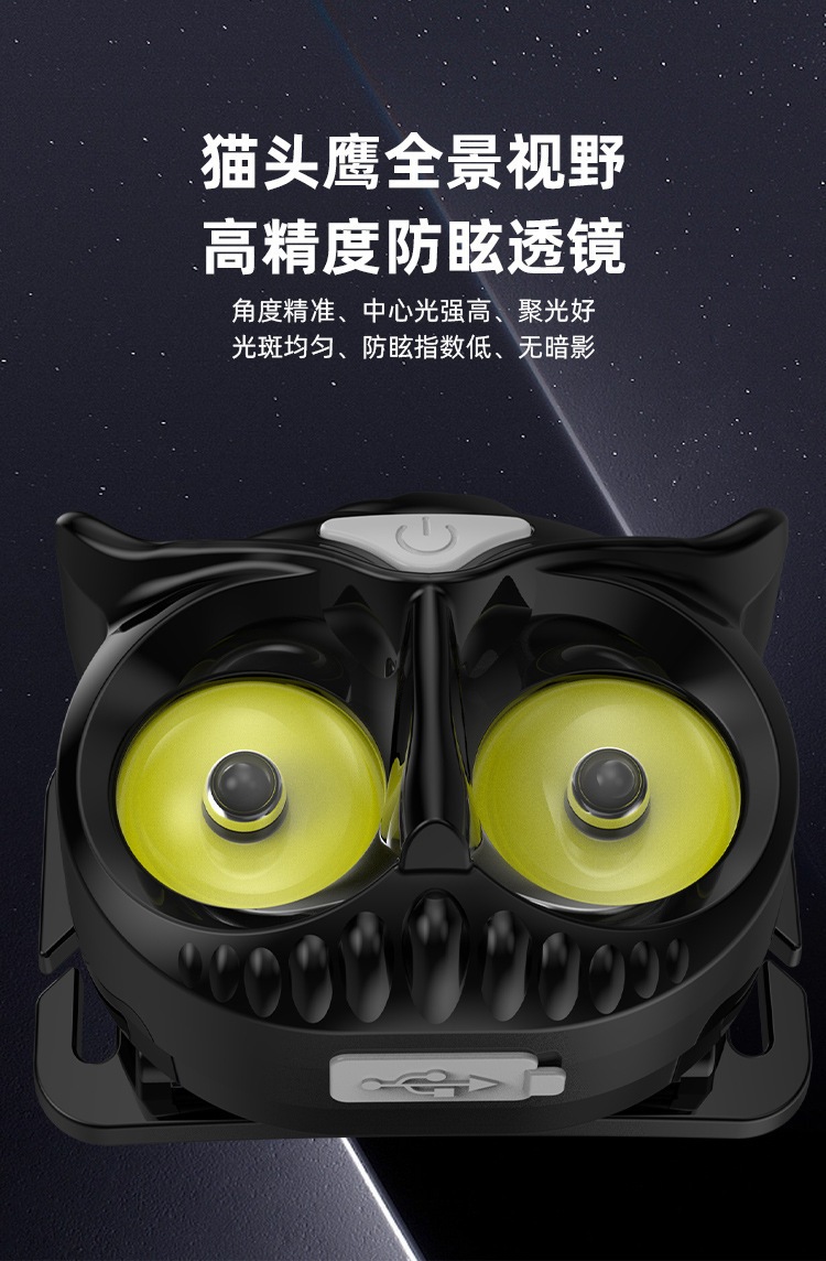 跨境猫头鹰强光感应头灯LED迷你便携户外露营骑行长续航警示头灯详情3