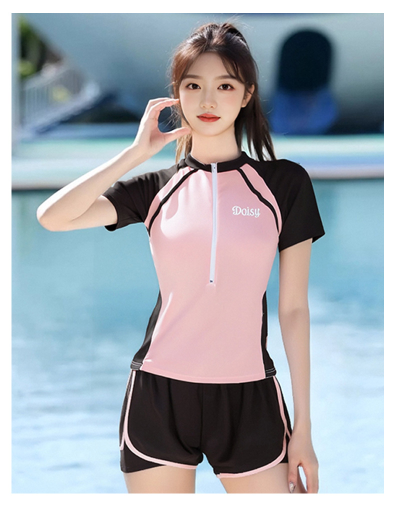 泳衣女新款爆款休闲运动风保守短袖游泳衣学生遮肚显瘦度假泳装-028443详情9