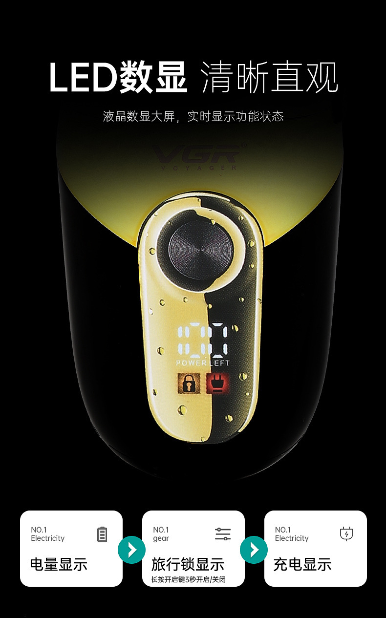 VGR383 Cross-border new LCD digital display retro razor IPX4 water-washable reciprocating razor Whitening device pic 7